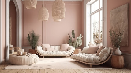 Home interior in boho style, living room in pastel beige colors. Generative Ai