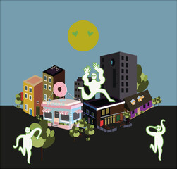 Fototapeta premium Strange green heroes stroll through the city