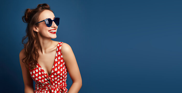 Young Woman in a Red 4th of July Star Dress on a Blue Background with Space for Copy (Generative AI)