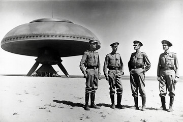 WWII soldiers standing next to a UFO. Generative AI illustration