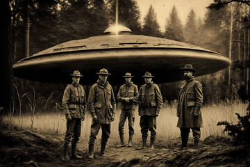 Aged historical photograph with a group of US Forest Rangers and UFO. Generative AI illustration