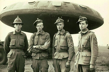 WWII soldiers standing next to a UFO. Generative AI illustration