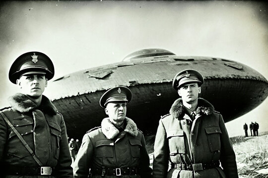 WWII soldiers standing next to a UFO. Generative AI illustration