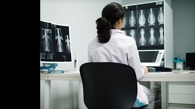 Female trauma doctor working in the hospital viewing X-rays. Generative AI