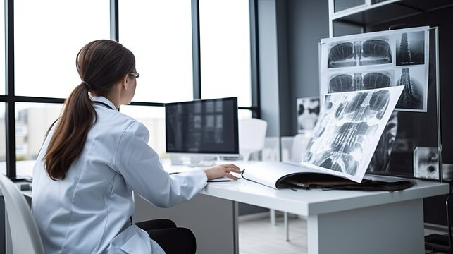 Female trauma doctor working in the hospital viewing X-rays. Generative AI