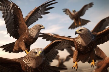 A detailed illustration of a group of birds of prey, such as falcons or hawks, in action, Generative AI
