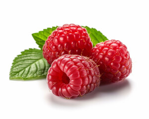 Macro shot of a fresh delicious ideal  raspberry, with green leaves, isolated on a white background, photorealism, minimalism, food photography
