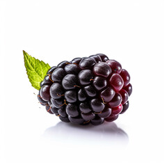 Macro shot of a fresh delicious ideal blackberry,  with green leaves, isolated on a white background, photorealism, minimalism, food photography
