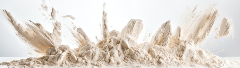 A Bunch Of Flour Flying In The Airon White Background Wde Panoramic. Generative AI
