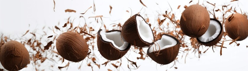 A Bunch Of Coconut Flying In The Airon White Background Wde Panoramic. Generative AI