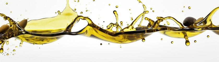 A Bunch Of Olive Oil Flying In The Airon White Background Wde Panoramic. Generative AI