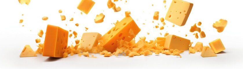 A Bunch Of Cheese Flying In The Airon White Background Wde Panoramic. Generative AI
