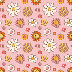 Vintage groovy daisy flowers. Retro hippie style, floral vector background 60s, 70s, 80s