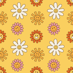 Fototapeta na wymiar Vintage groovy daisy flowers. Retro hippie style, floral vector background 60s, 70s, 80s