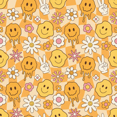 Melted smiley faces and flowers, groovy seamless pattern. Retro hippie psychedelic style vector wallpaper in 60s, 70s, 80s. Psychedelic chess board