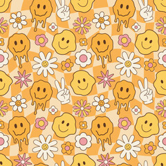 Naklejka premium Melted smiley faces and flowers, groovy seamless pattern. Retro hippie psychedelic style vector wallpaper in 60s, 70s, 80s. Psychedelic chess board