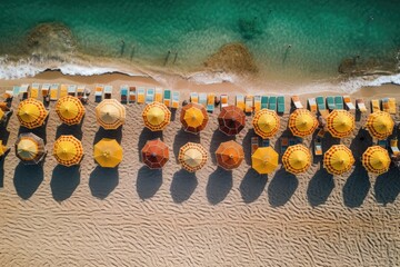 Aerial top view on the beach. Umbrellas, sand and sea waves,generative ai. - obrazy, fototapety, plakaty