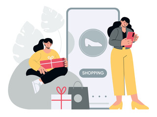 Women shopping online via smartphone. Store application. Buy and sell goods in web. Flat vector minimalist illustrations