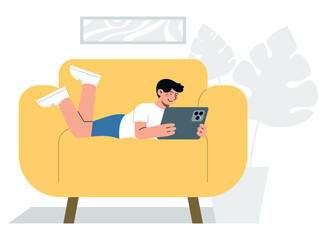 Cute boy kid laying on a sofa and searching internet network with his tablet. Flat vector minimalist illustration.
