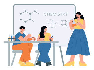 Chemistry class with teacher and students, school board and test tubes. Flat vector minimalist illustration of education and knowledge