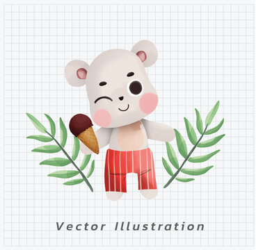 Summer vacation theme. Cute Little polar bear in swimming suit in enjoy chocolate ice cream. watercolor vector cartoon illustration