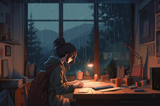 Cartoon Lofi Young Manga Style Girl Studying While Listening To Music And Raining In The Street. Ai Generative