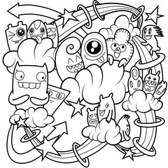 Hand-drawn illustrations, monsters doodle, Hand Drawn cartoon monster illustration,Cartoon crowd doodle hand-drawn Doodle style.black and white stripes coloring  book.