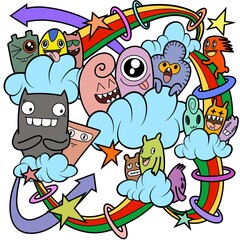 Hand-drawn illustrations, monsters doodle, Hand Drawn cartoon monster illustration,Cartoon crowd doodle hand-drawn Doodle style.