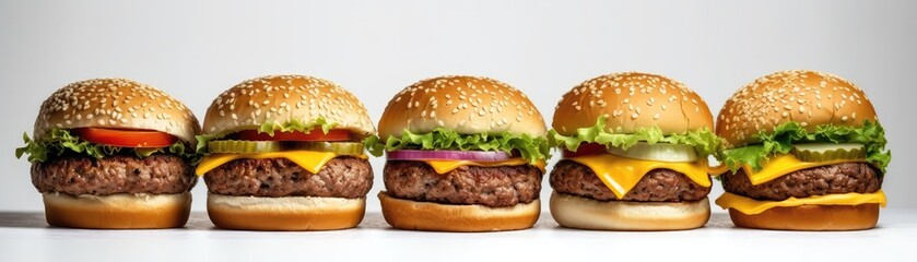 Cheeseburgers Standing On White Background Wide Panoramic. Generative AI