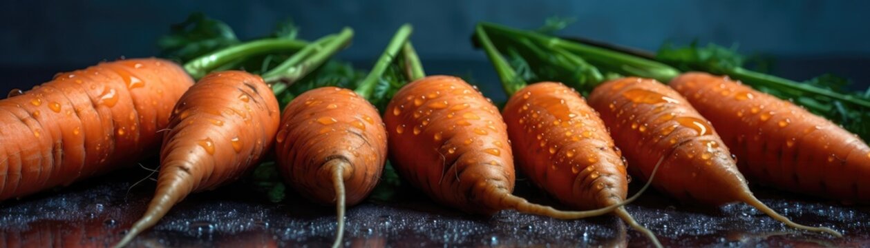 Carrots With Droplets Standing On Blue Background Wide Panoramic. Generative AI