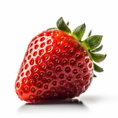 Macro shot of a fresh delicious ideal strawberry with green leaves, isolated on a white background, photorealism, minimalism, food photography
