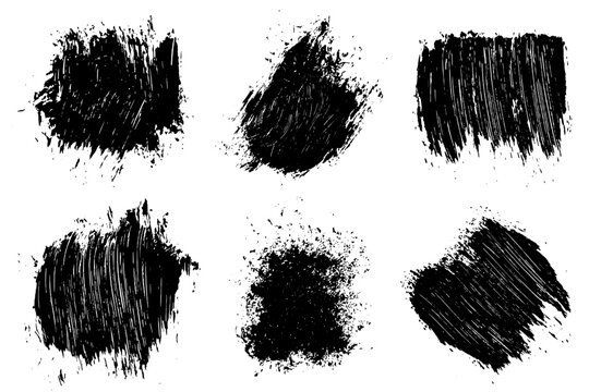 Set of black abstract brush strokes. Ink stain isolated on white background. Grainy textured design elements. Vector illustration, eps 10.