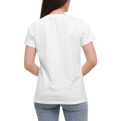 Woman wearing stylish T-shirt on white background, closeup