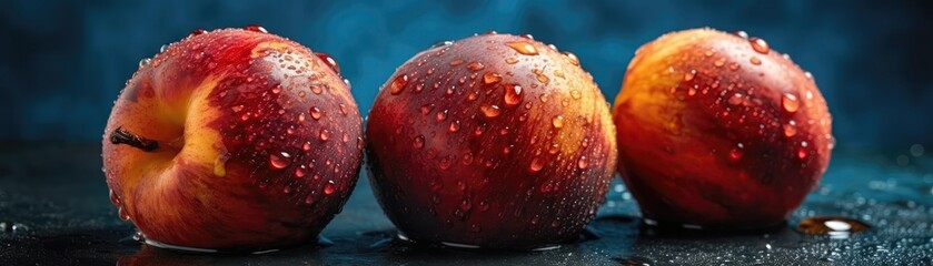 Nectarines With Droplets On A Blue Background. Generative AI