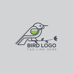 Creative bird logo design with outline shape tree branch.