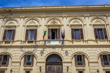 Fototapeta na wymiar Facade of City Hall of Trapani, capital city of Trapani region on Sicily Island, Italy