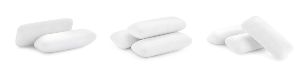 Collage with chewing gum pads on white background