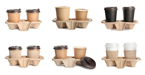 Takeaway paper cups with coffee in cardboard holders isolated on white. Collage design