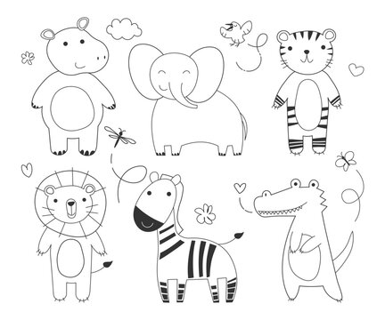 African animals linear drawing set , Vector illustrations of cute elephant, tiger, lion, hippopotamus, zebra and bird. tropical pack. EPS