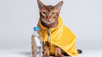 Abyssinian Cat In A Tracksuit Holding A Sports Water Bottle On White Background. Generative AI