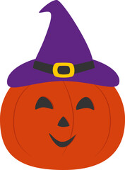 Vector illustration of halloween pumpkin with hat in cartoon style. Vector jack o lantern character design