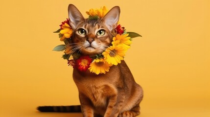 Abyssinian Cat With A Flower Crown On Yellow Background. Generative AI