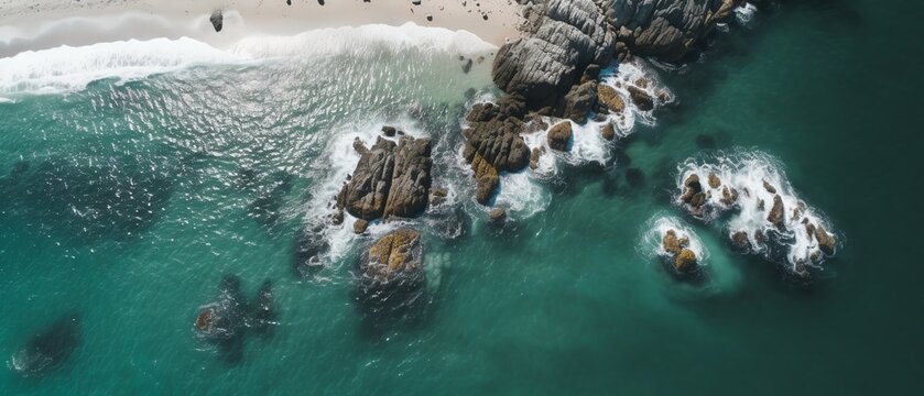 An aerial image of beach and coastline.top down view of beach, rock and sea with  water waves. summer vacation holidays background. Generative AI