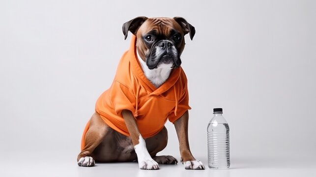 Boxer Dog In A Tracksuit Holding A Sports Water Bottle On White Background. Generative AI