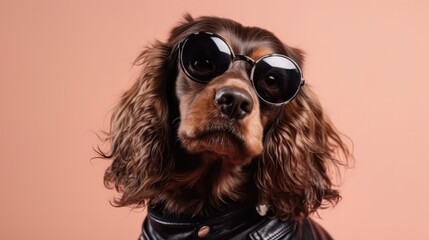 Cocker Spaniel Dog Wearing A Leather Jacket And Sunglasses On Pink Background. Generative AI