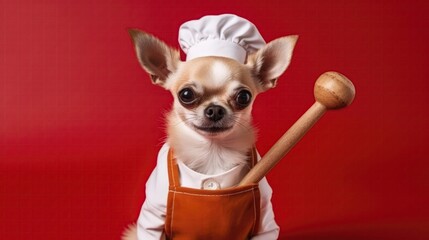 Chihuahua Dog Wearing A Chefs Hat And Apron Holding A Wooden Spoon On Red Background. Generative AI