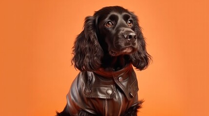 Cocker Spaniel Dog Wearing A Leather Jacket On Coral Color Background. Generative AI