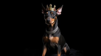 Doberman Pinscher Dog Wearing A Princess Costume And A Tiara On Black Background. Generative AI - obrazy, fototapety, plakaty