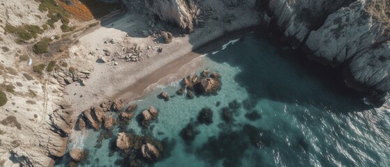 An aerial image of beach and coastline.top down view of beach, rock and sea with  water waves. summer vacation holidays background. Generative AI