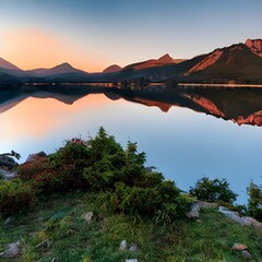A serene mountain landscape during sunset with a reflection on a calm lake.